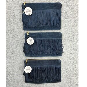 Paper Source Pouch Fringe Womens Navy Blue Clutch Boho Makeup Travel Bag